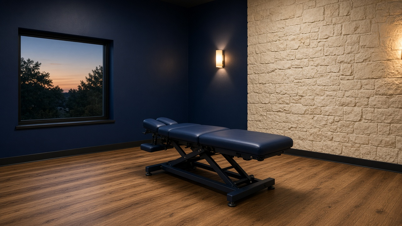 Empty navy treatment table in a dark adjustment room